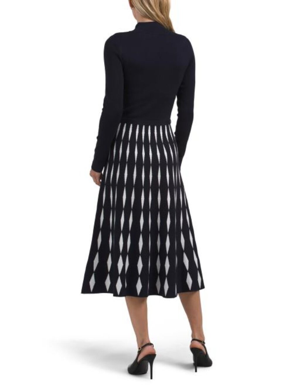 T TAHARI Long Sleeve Mock Neck Flared Diamond Jacquard Dress - Picture 2 of 4